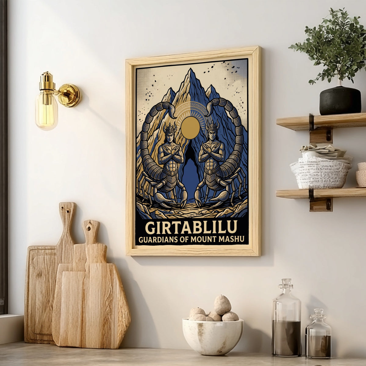 Poster featuring two symmetrical scorpion men guarding the glowing sun over Mount Mashu peaks.