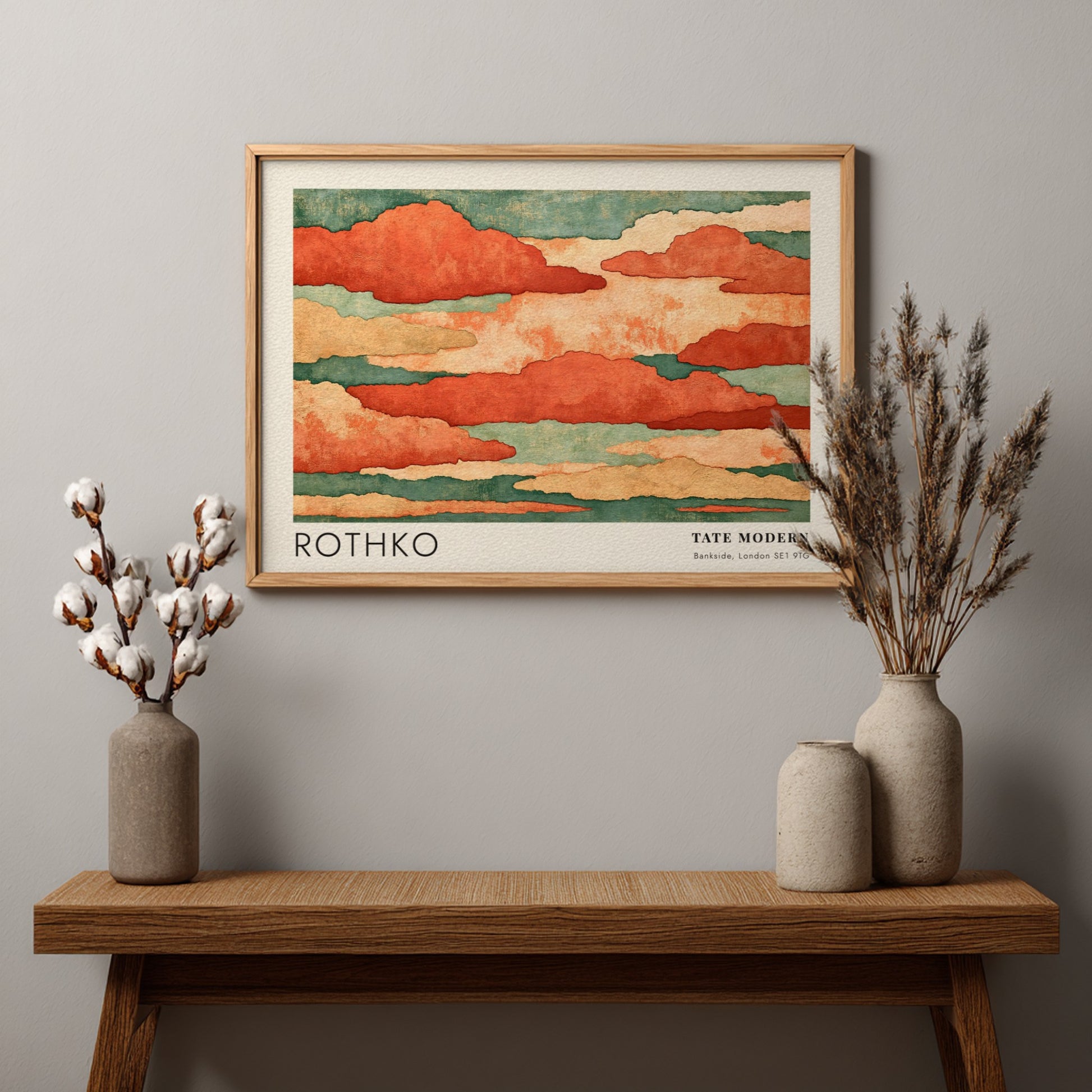 Wall art poster featuring Mark Rothko Seagram Murals with terracotta clouds and teal accents.
