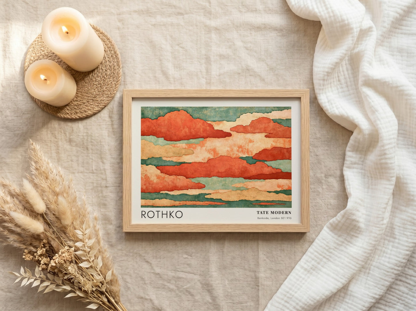 Wall art poster featuring Mark Rothko Seagram Murals with terracotta clouds and teal accents.