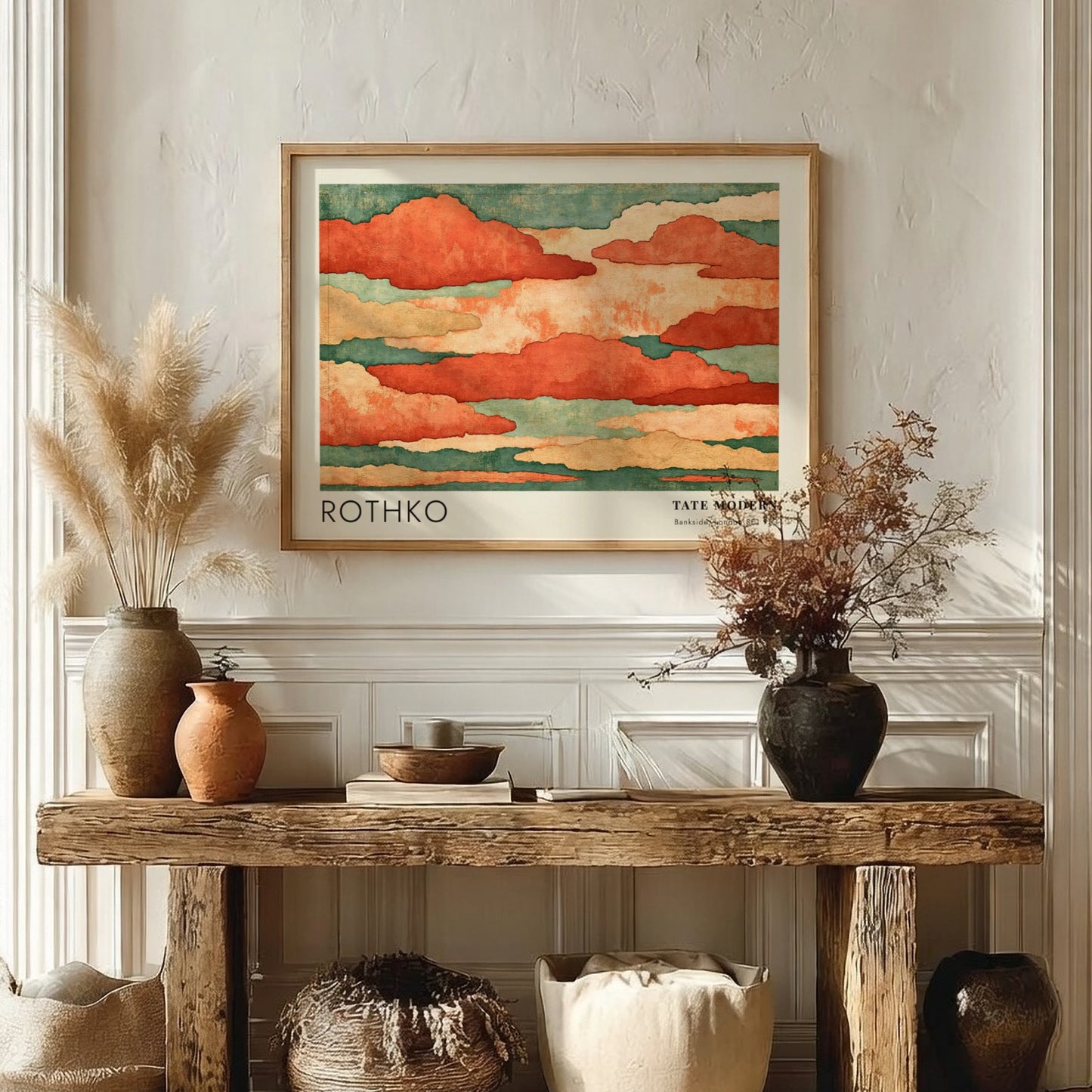 Wall art poster featuring Mark Rothko Seagram Murals with terracotta clouds and teal accents.