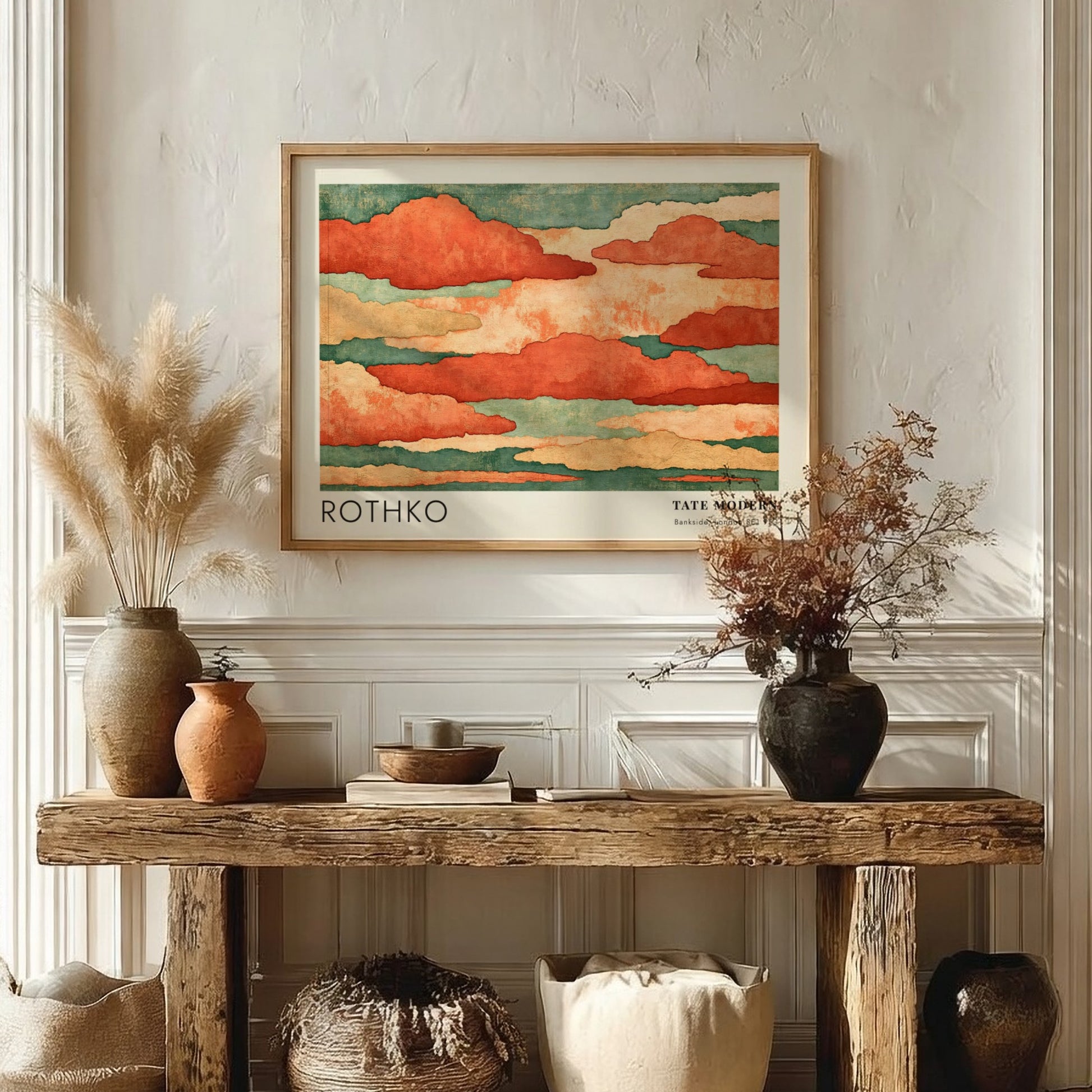 Wall art poster featuring Mark Rothko Seagram Murals with terracotta clouds and teal accents.
