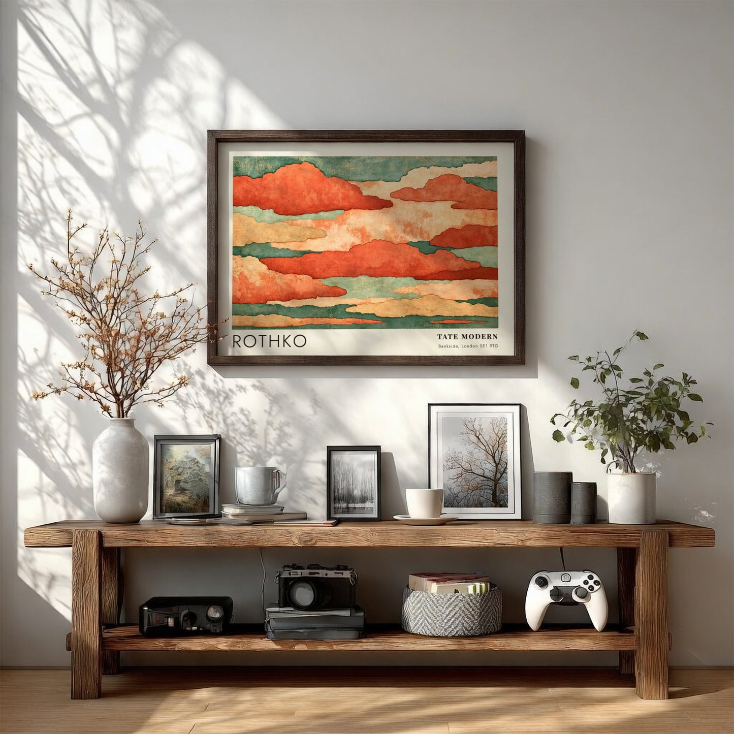 Wall art poster featuring Mark Rothko Seagram Murals with terracotta clouds and teal accents.