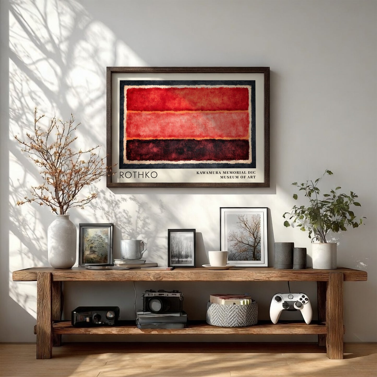 Wall art poster featuring Mark Rothko Seagram Vision abstract red bands in frame