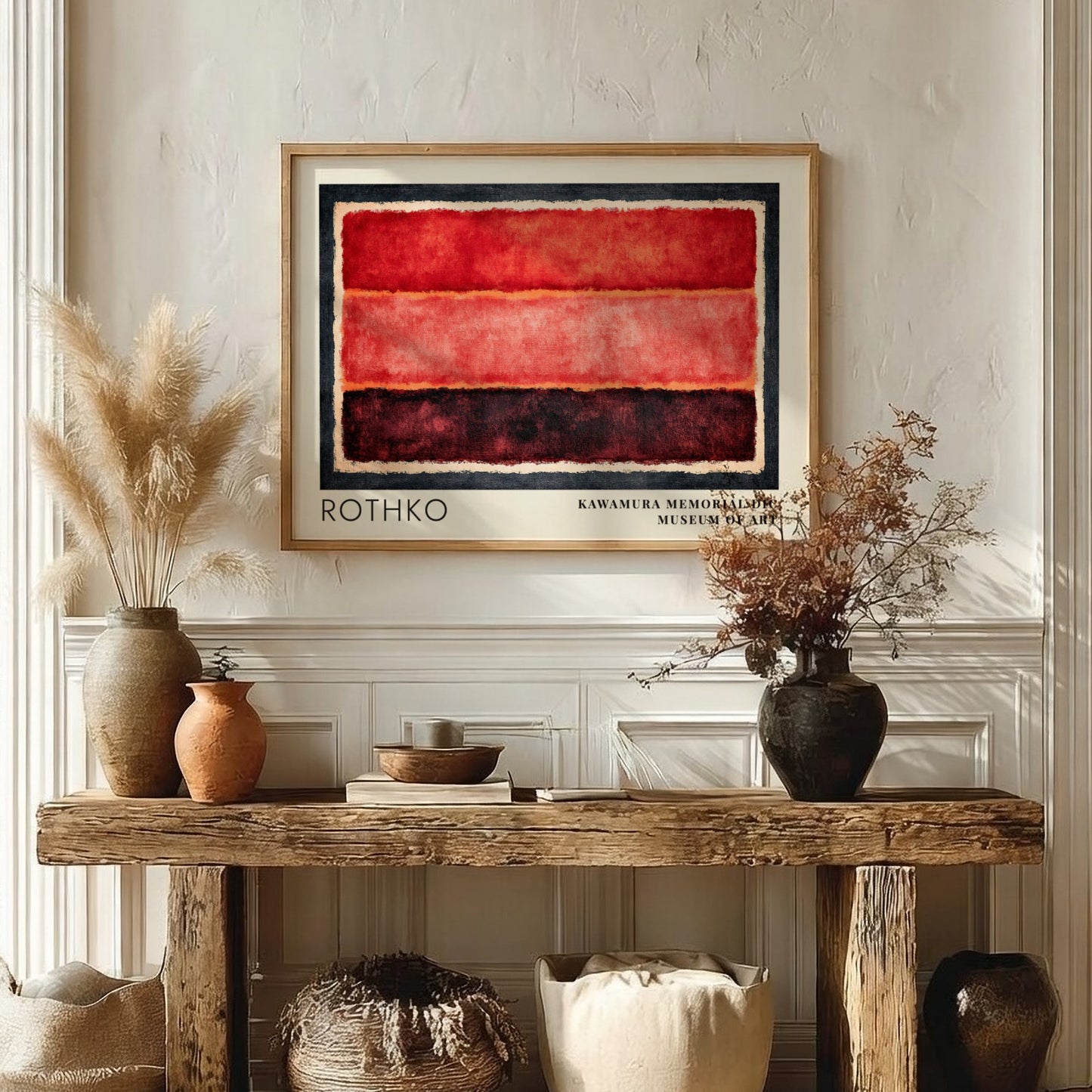 Wall art poster featuring Mark Rothko Seagram Vision abstract red bands in frame