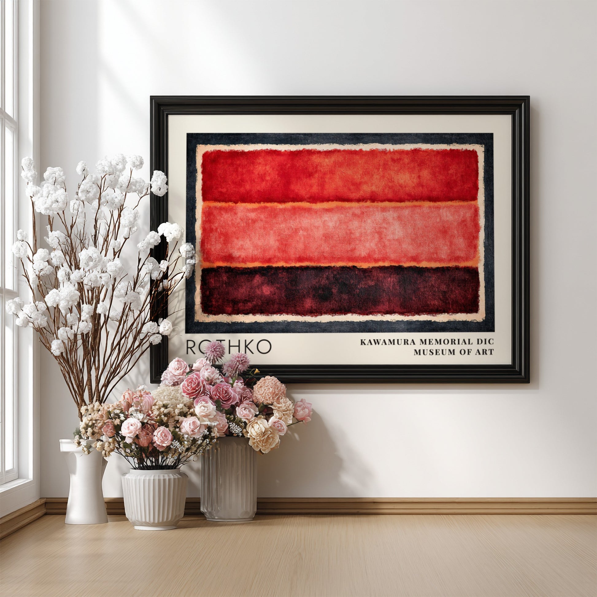 Wall art poster featuring Mark Rothko Seagram Vision abstract red bands in frame