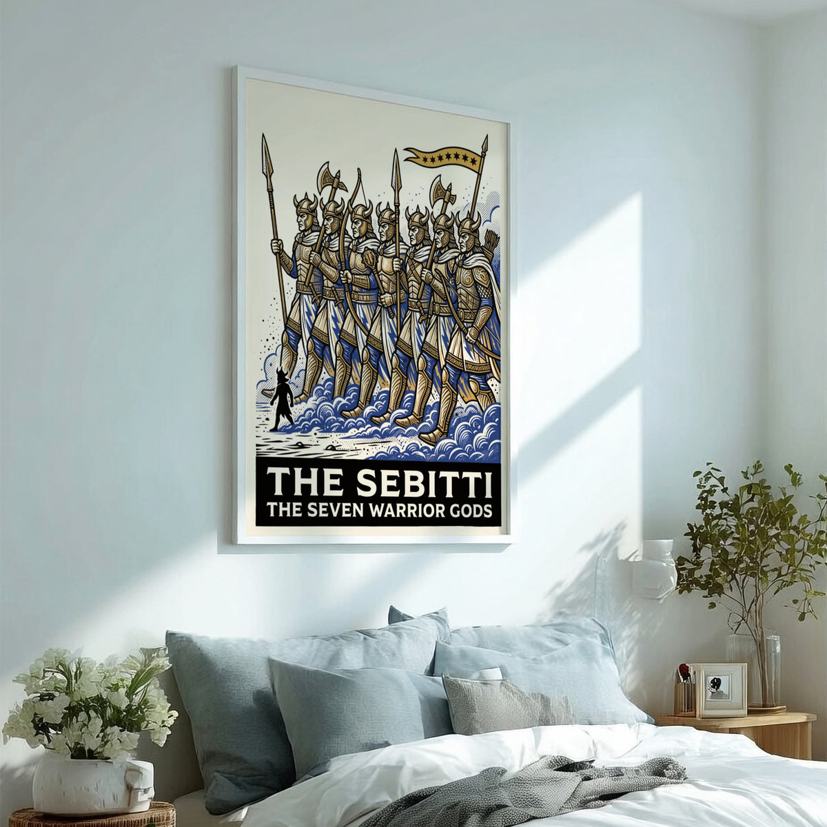 Poster featuring seven golden armored warrior gods marching through blue mist and waves.