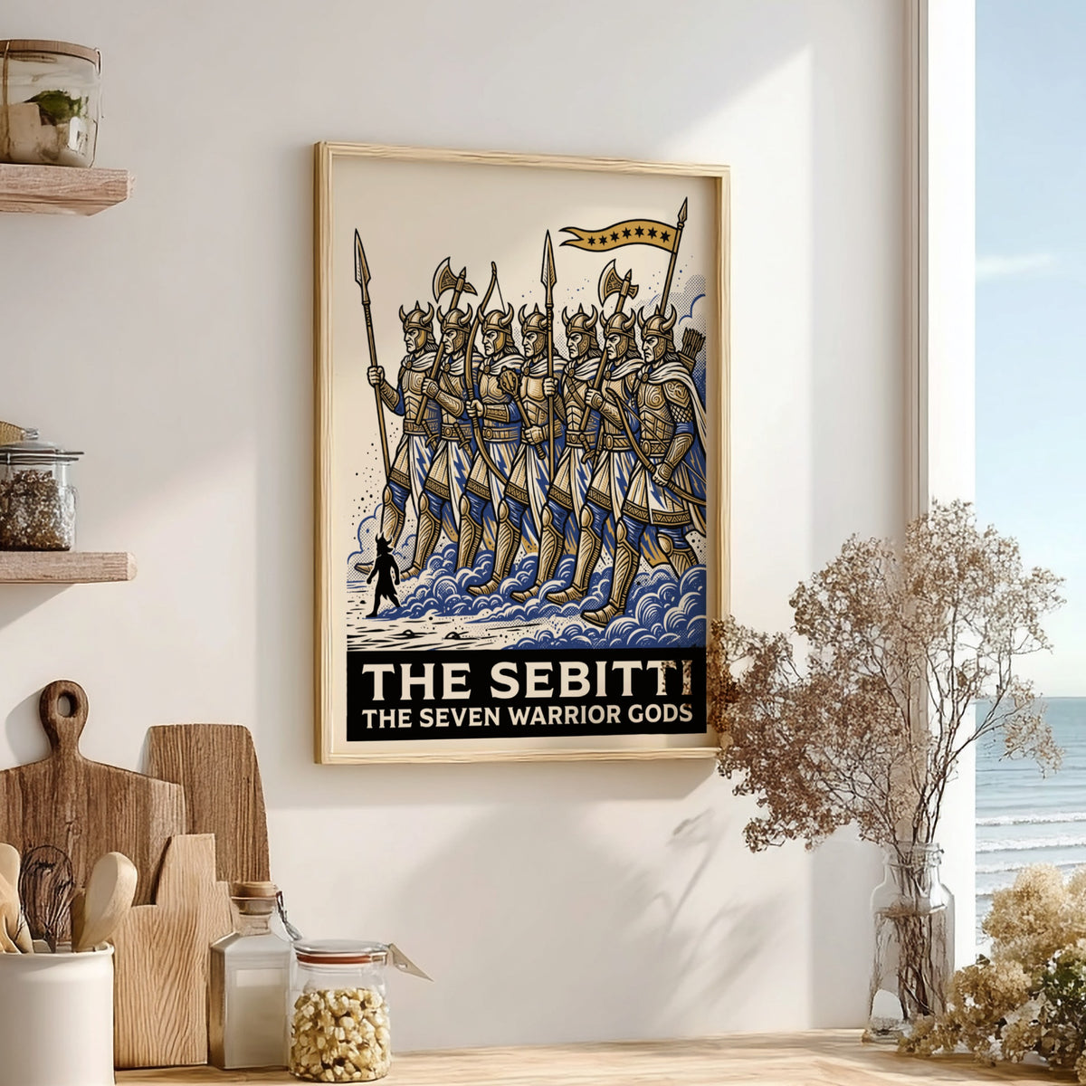 Poster featuring seven golden armored warrior gods marching through blue mist and waves.