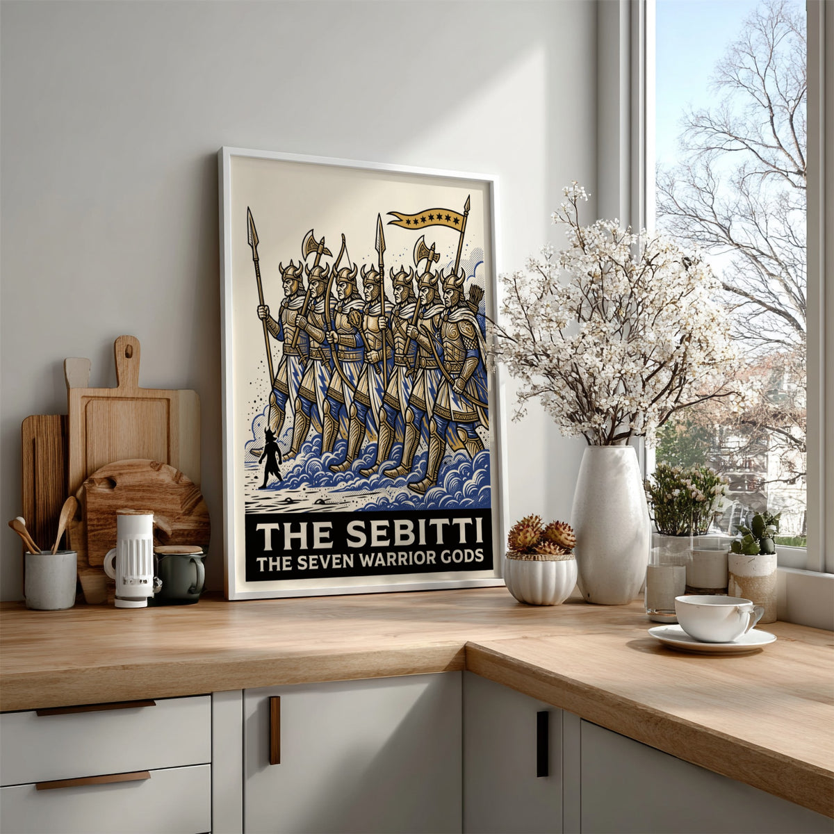 Poster featuring seven golden armored warrior gods marching through blue mist and waves.
