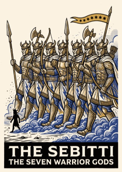 Poster featuring seven golden armored warrior gods marching through blue mist and waves.