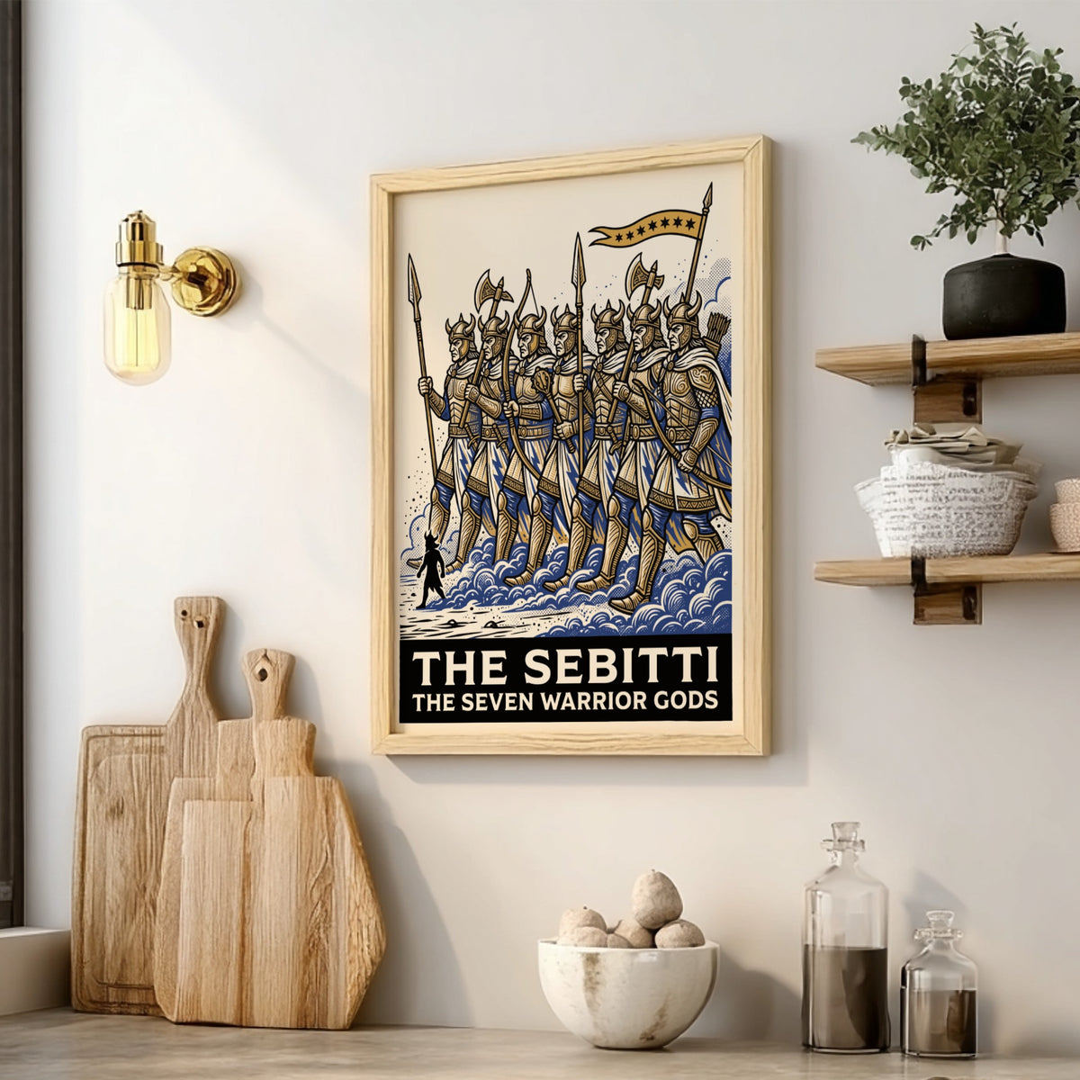 Poster featuring seven golden armored warrior gods marching through blue mist and waves.
