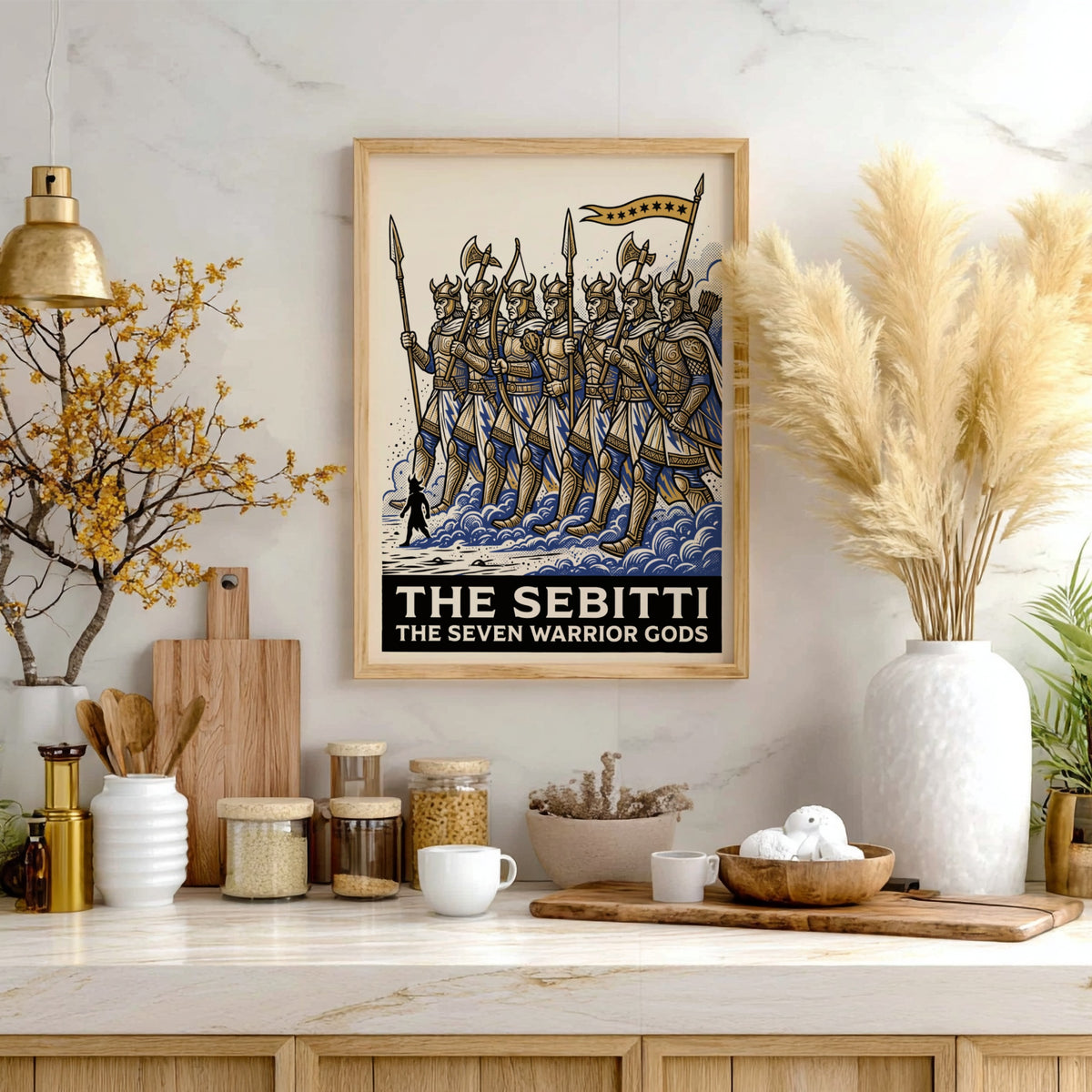 Poster featuring seven golden armored warrior gods marching through blue mist and waves.