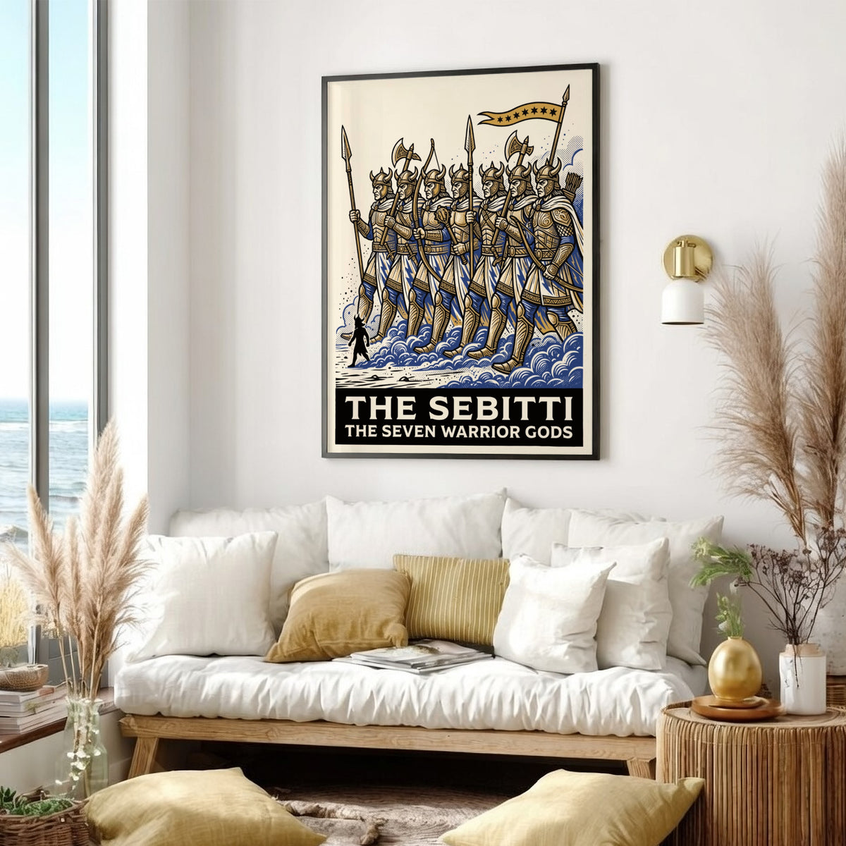 Poster featuring seven golden armored warrior gods marching through blue mist and waves.