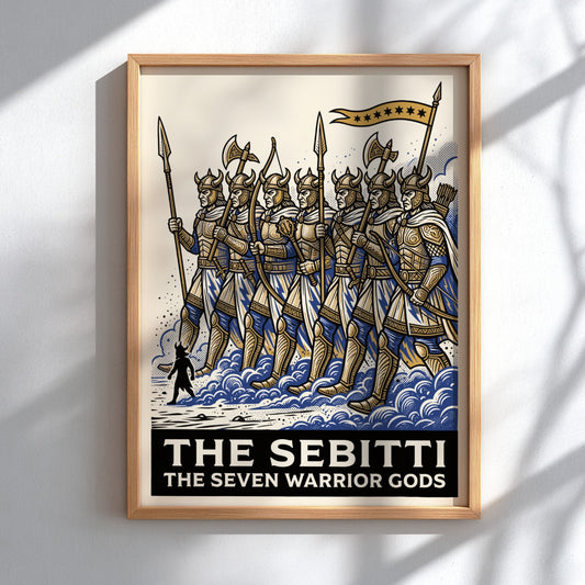 Poster featuring seven golden armored warrior gods marching through blue mist and waves.