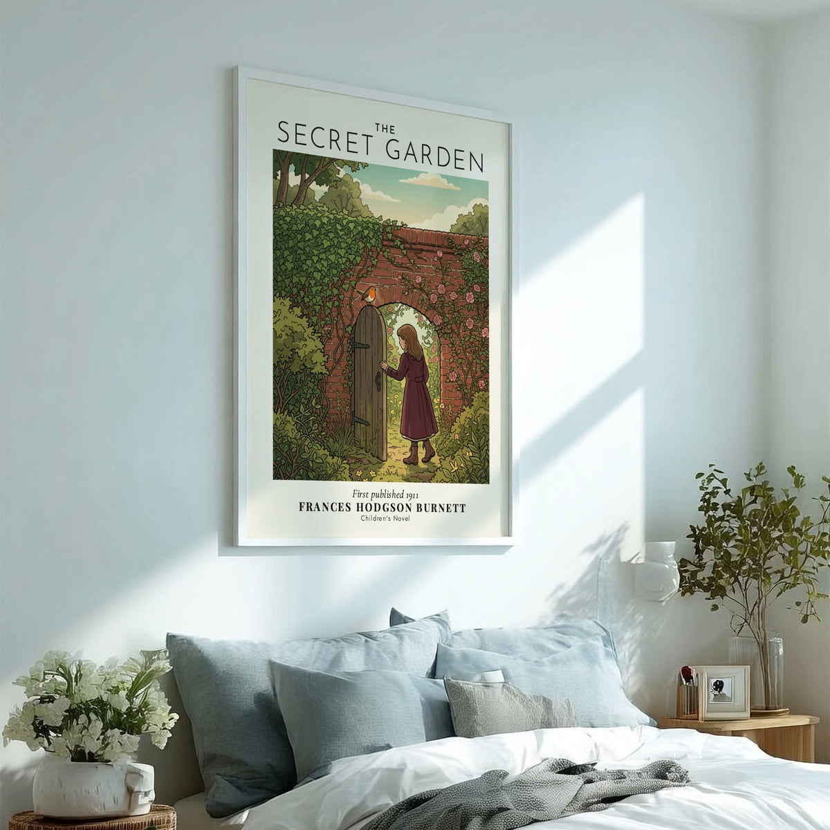 Poster featuring a girl at a garden gate with ivy, roses, and a robin