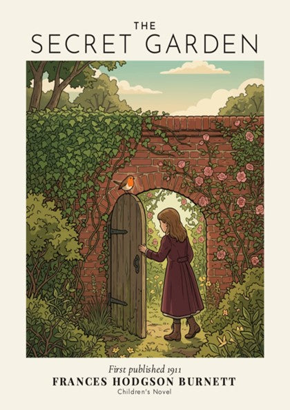 Poster featuring a girl at a garden gate with ivy, roses, and a robin