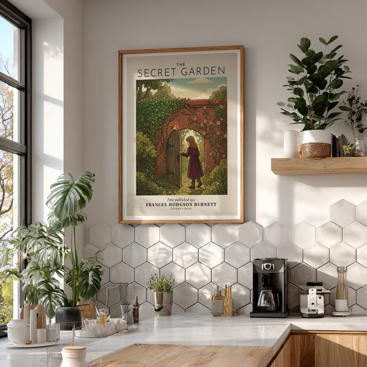 Poster featuring a girl at a garden gate with ivy, roses, and a robin