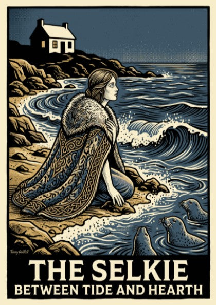 Poster featuring a woman in a fur cloak by the sea with seals.