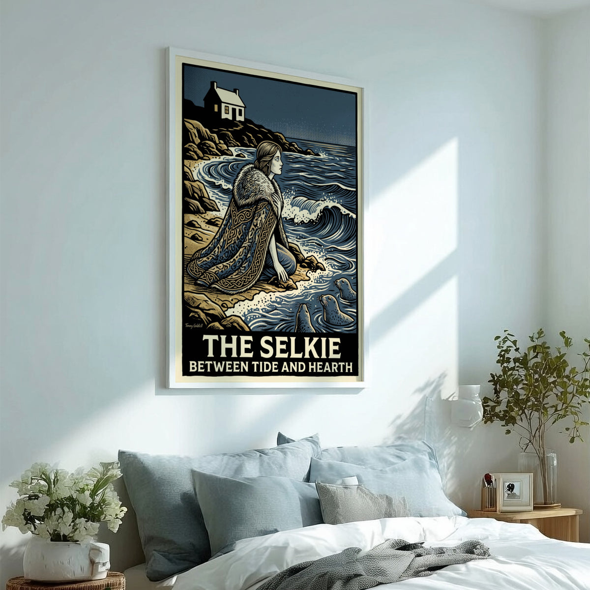 Poster featuring a woman in a fur cloak by the sea with seals.
