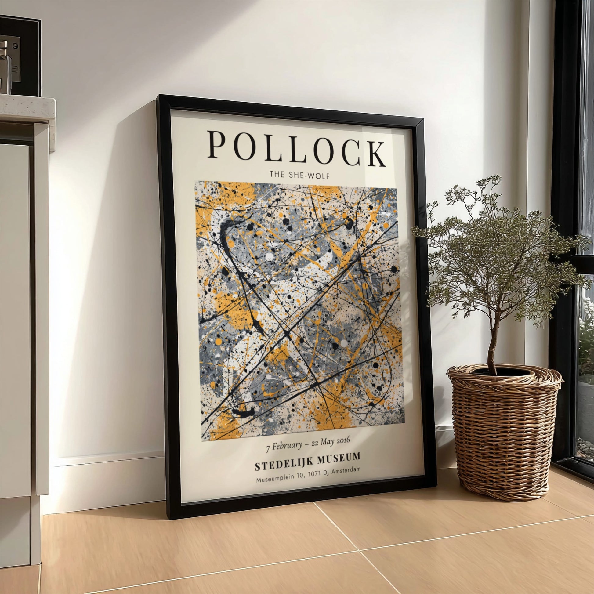 Wall art poster featuring Jackson Pollock The She-Wolf with abstract black lines on cream.