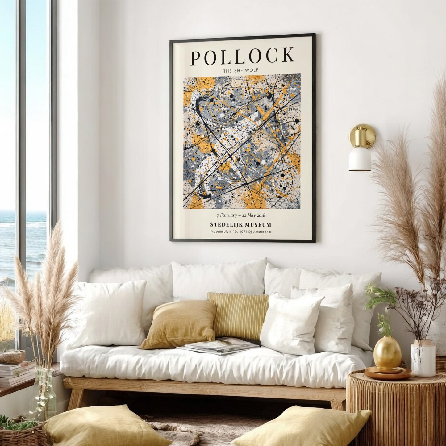 Wall art poster featuring Jackson Pollock The She-Wolf with abstract black lines on cream.