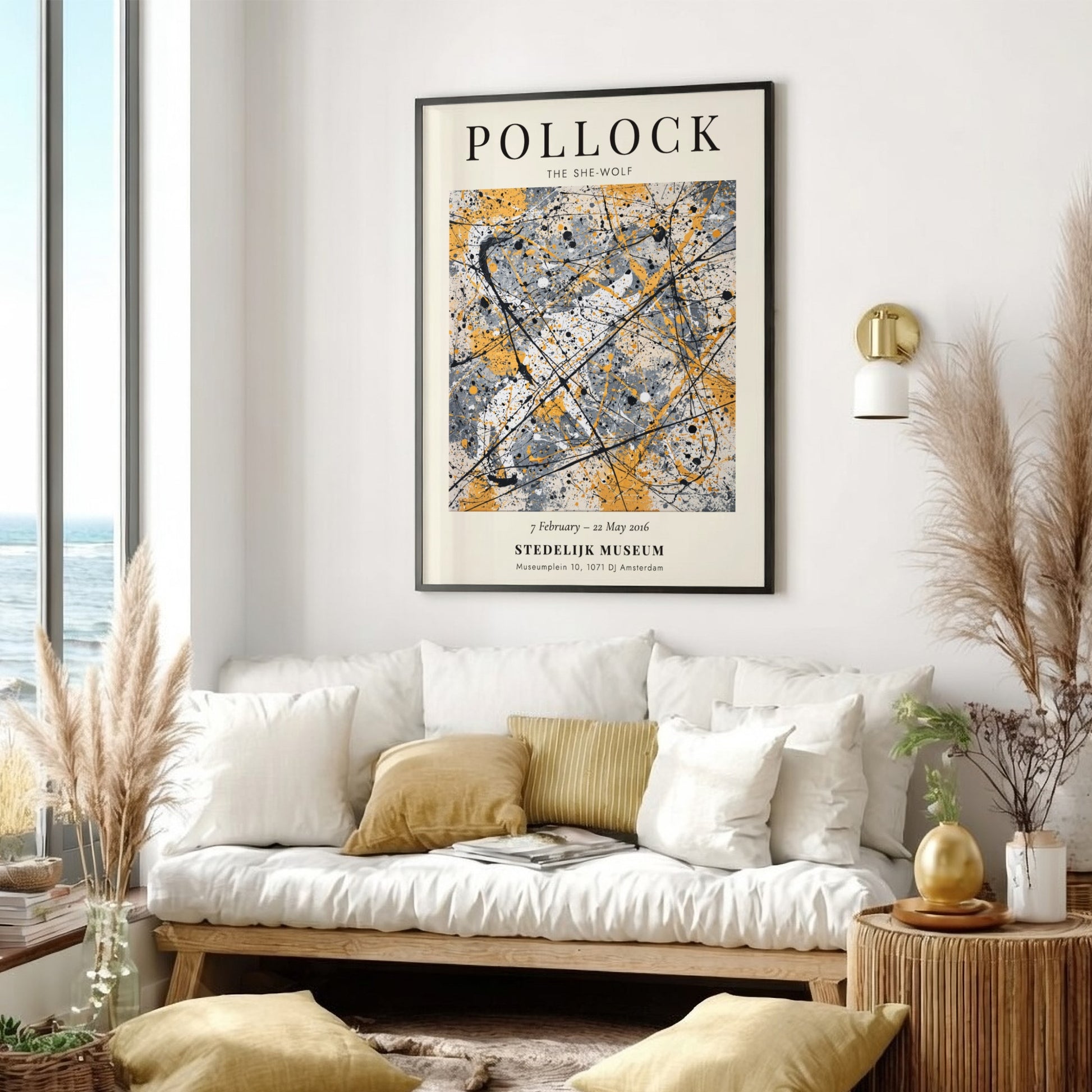 Wall art poster featuring Jackson Pollock The She-Wolf with abstract black lines on cream.