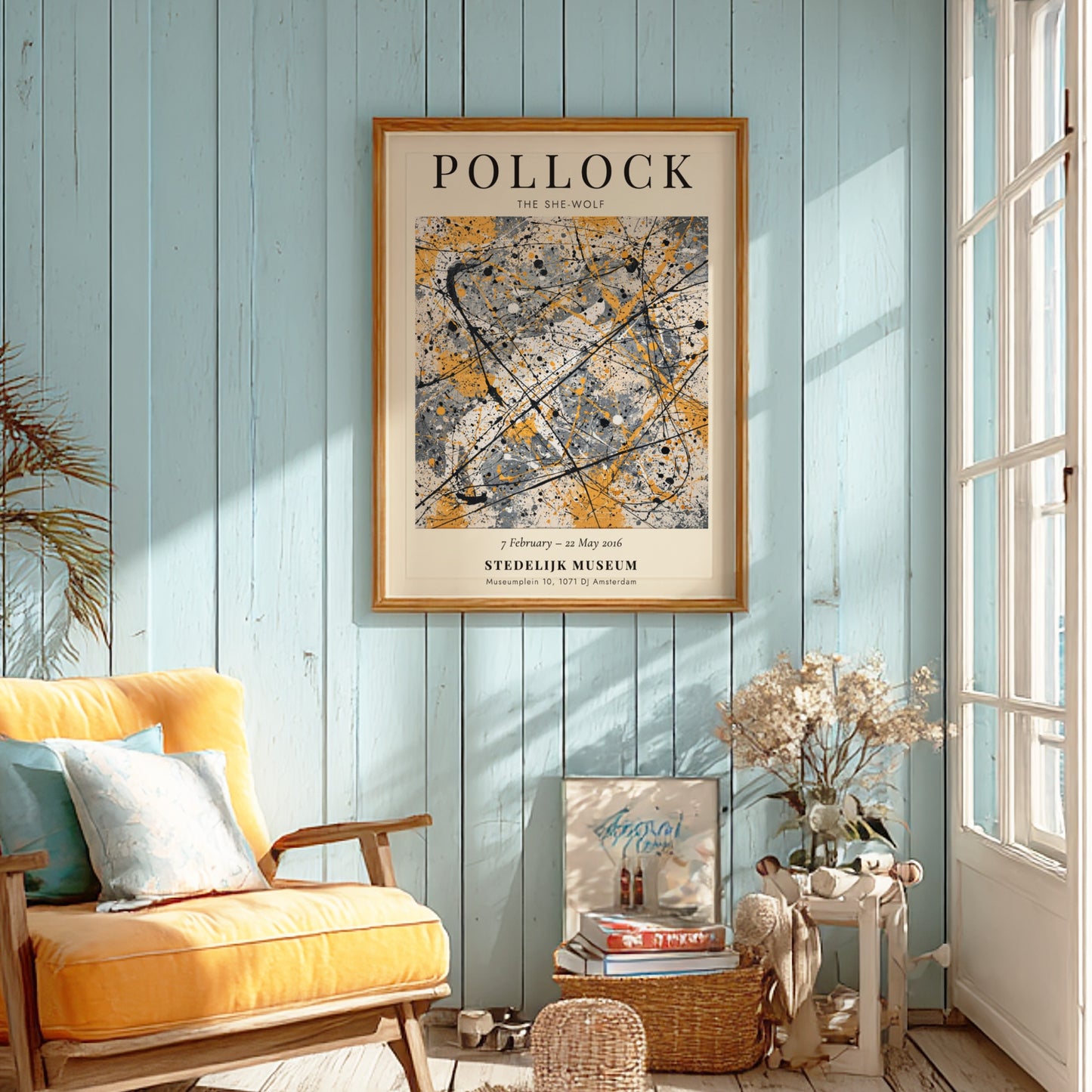 Wall art poster featuring Jackson Pollock The She-Wolf with abstract black lines on cream.