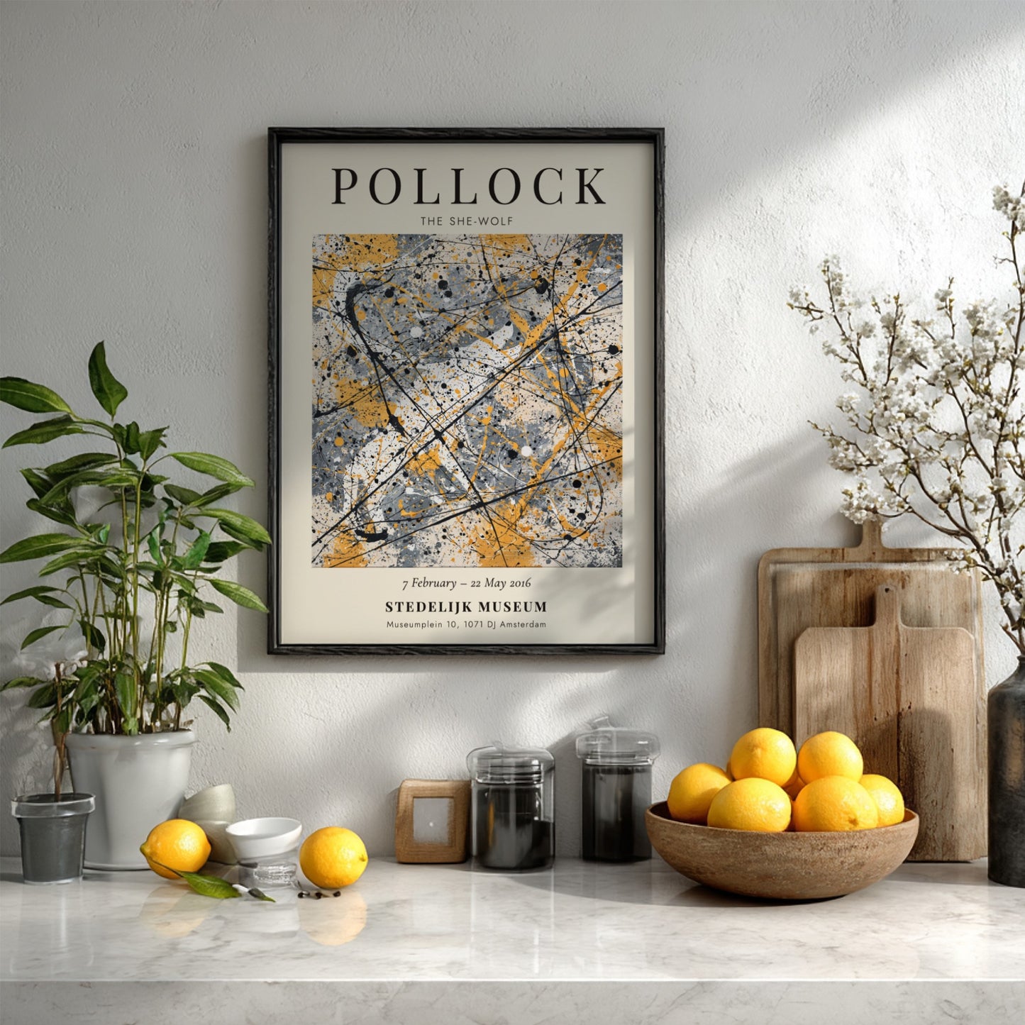 Wall art poster featuring Jackson Pollock The She-Wolf with abstract black lines on cream.