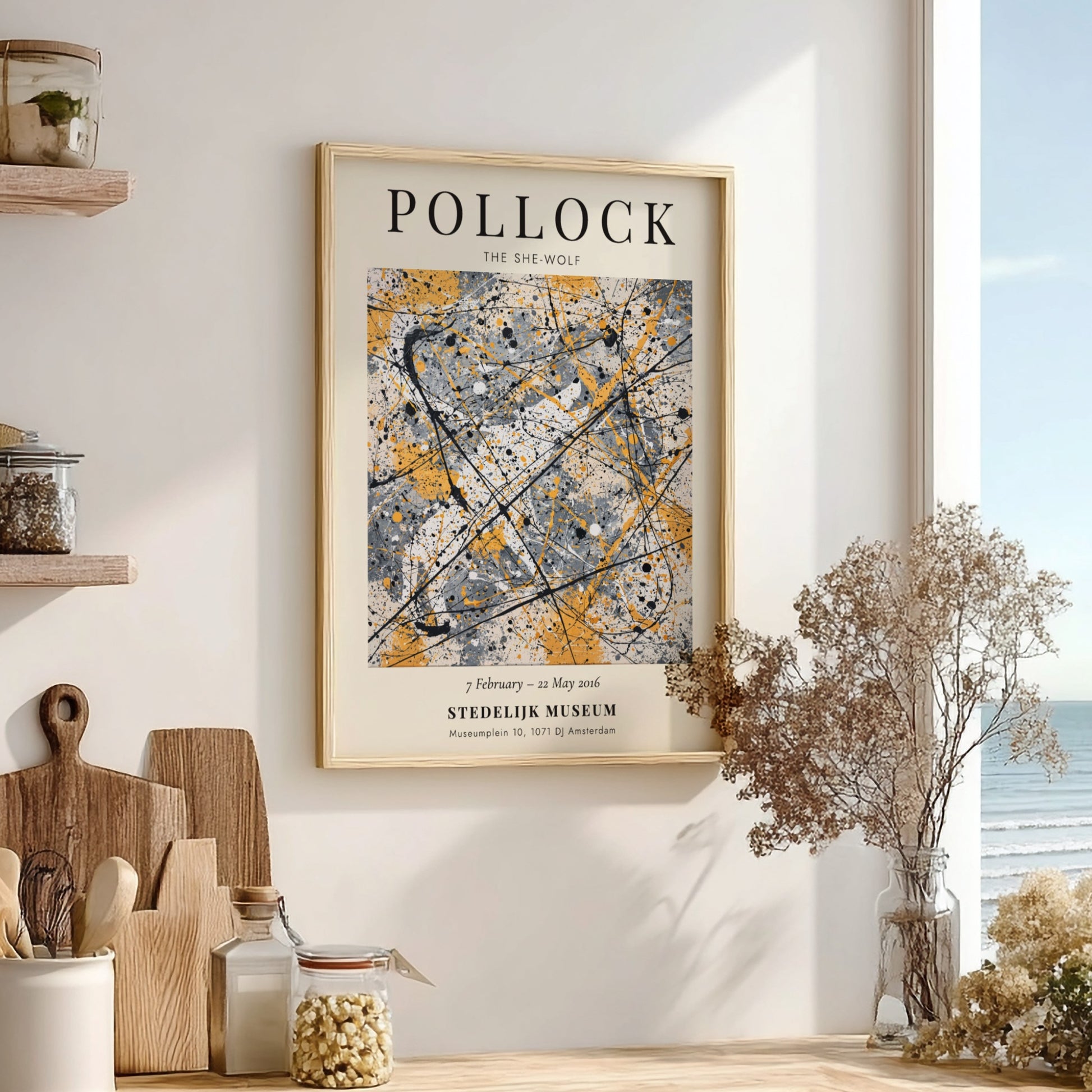 Wall art poster featuring Jackson Pollock The She-Wolf with abstract black lines on cream.