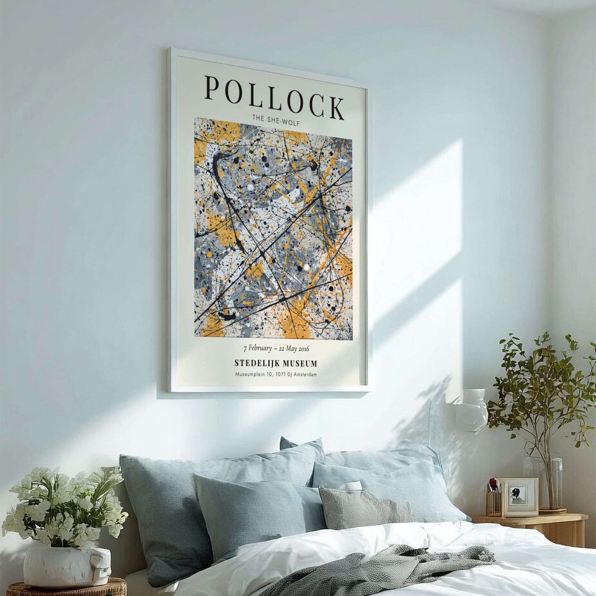Wall art poster featuring Jackson Pollock The She-Wolf with abstract black lines on cream.