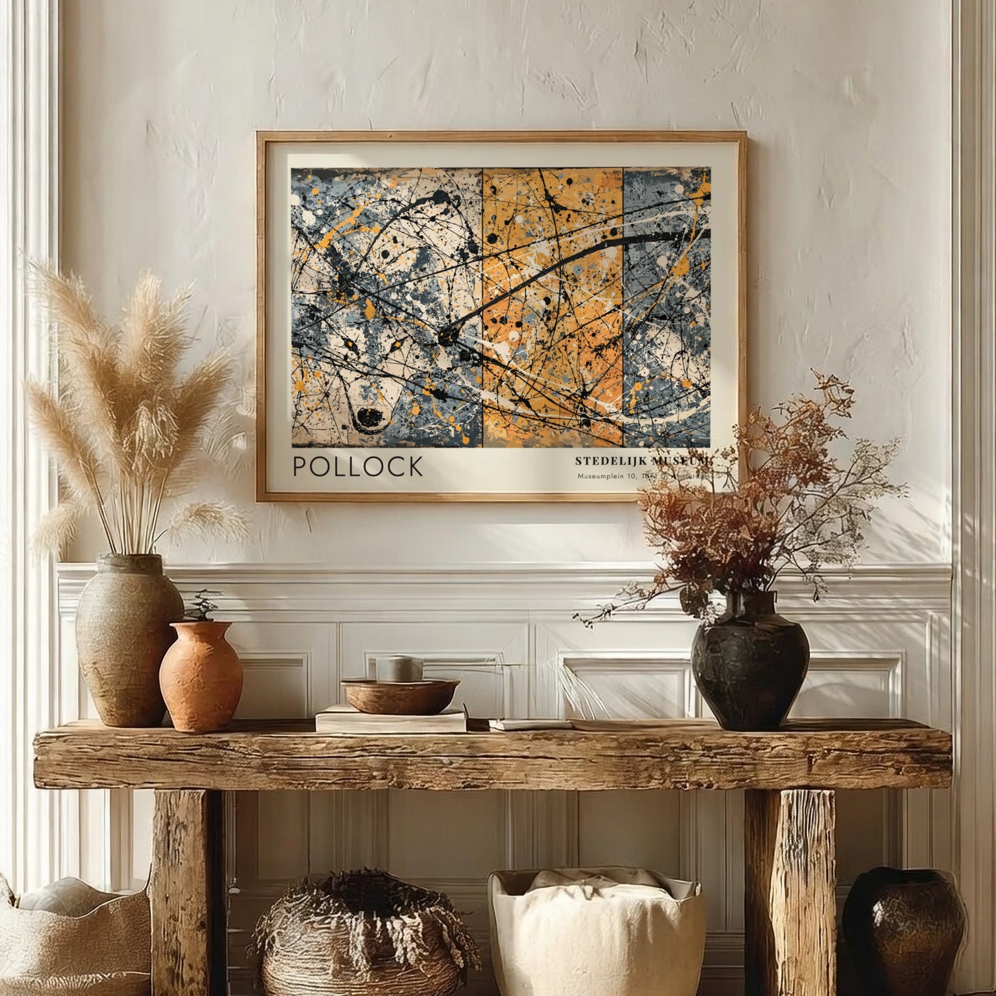 Wall art poster of Jackson Pollock's The She-Wolf with Stedelijk Museum exhibition text.