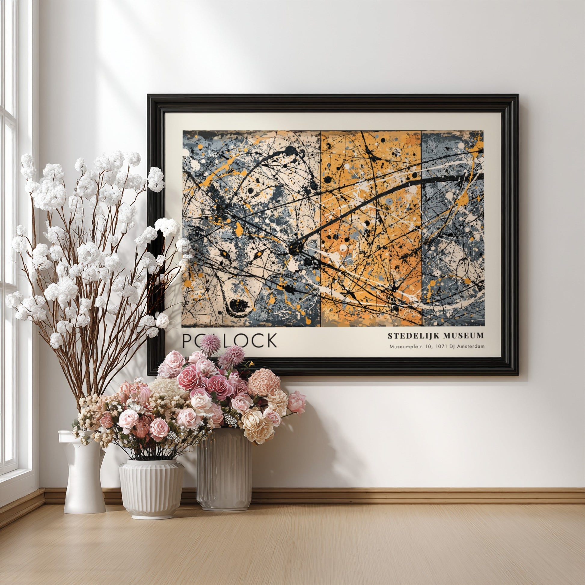 Wall art poster of Jackson Pollock's The She-Wolf with Stedelijk Museum exhibition text.