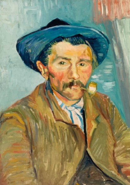 Vincent Van Gogh's "The Smoker" poster featuring a man in a blue hat smoking a pipe, rendered in