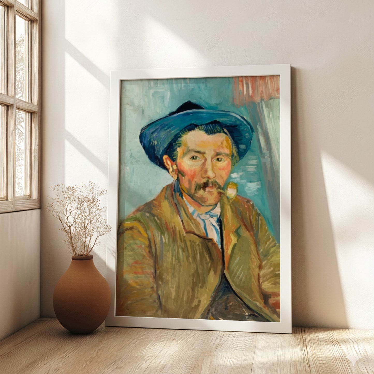 Vincent Van Gogh's "The Smoker" poster featuring a man in a blue hat smoking a pipe, rendered in