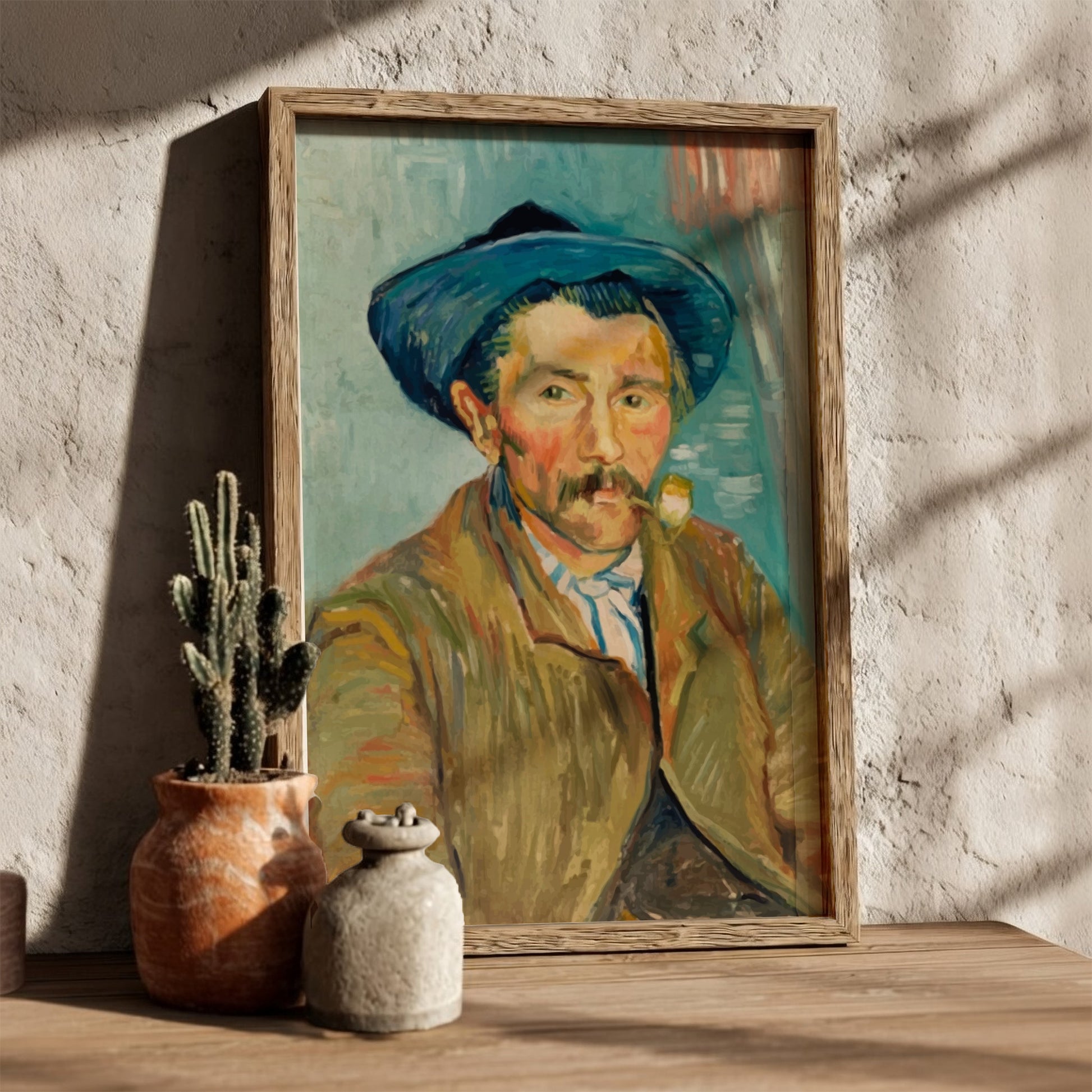 Vincent Van Gogh's "The Smoker" poster featuring a man in a blue hat smoking a pipe, rendered in