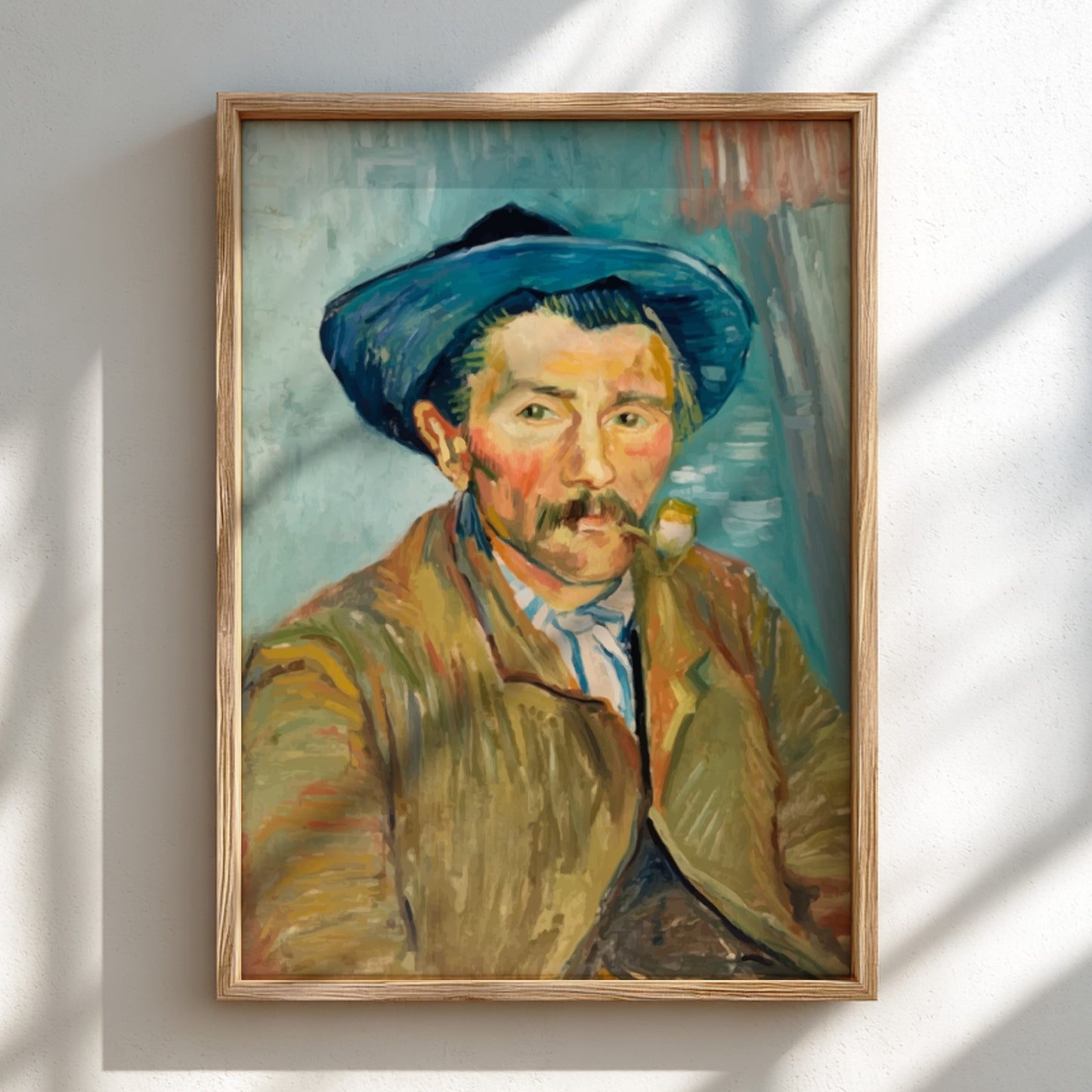 Vincent Van Gogh's "The Smoker" poster featuring a man in a blue hat smoking a pipe, rendered in