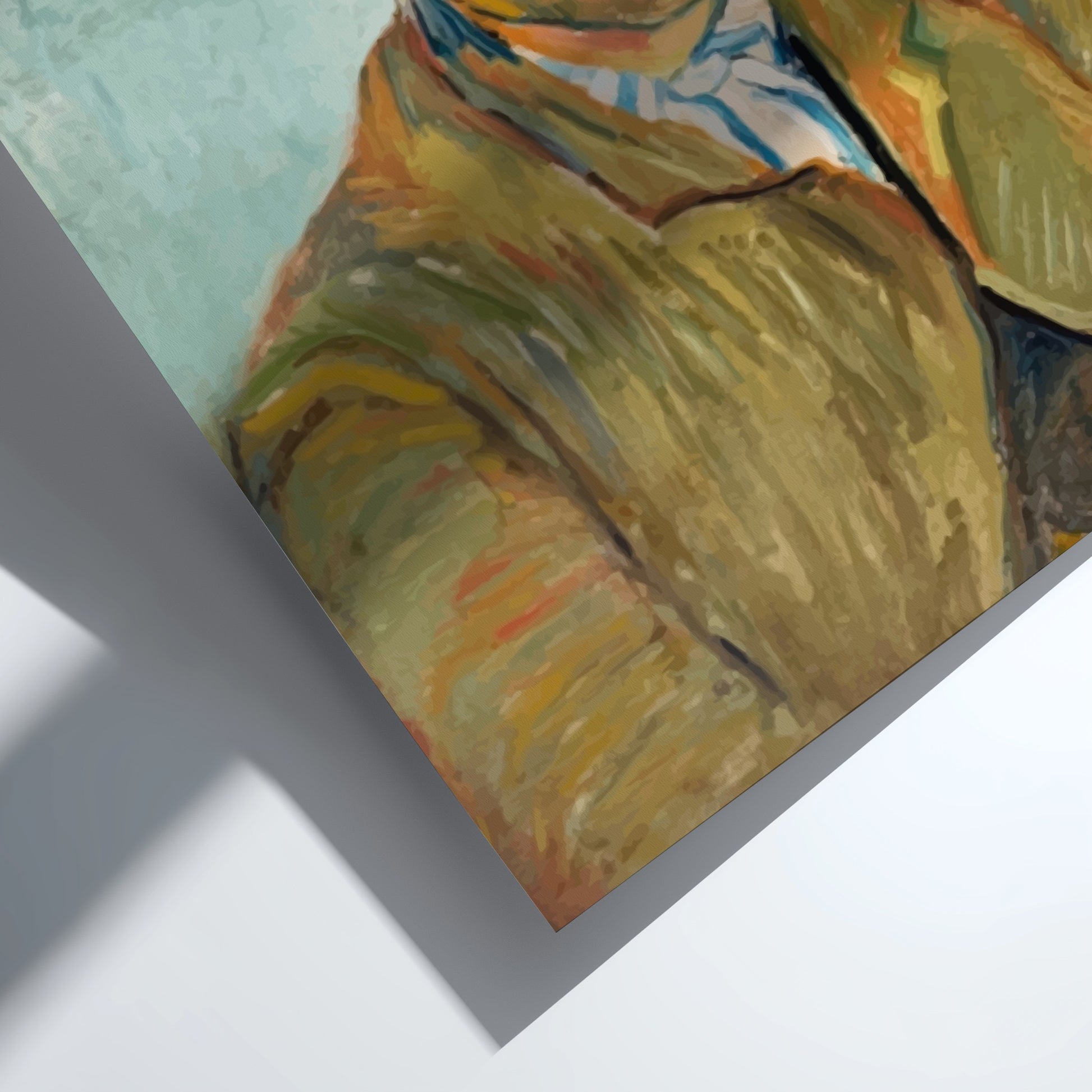 Vincent Van Gogh's "The Smoker" poster featuring a man in a blue hat smoking a pipe, rendered in