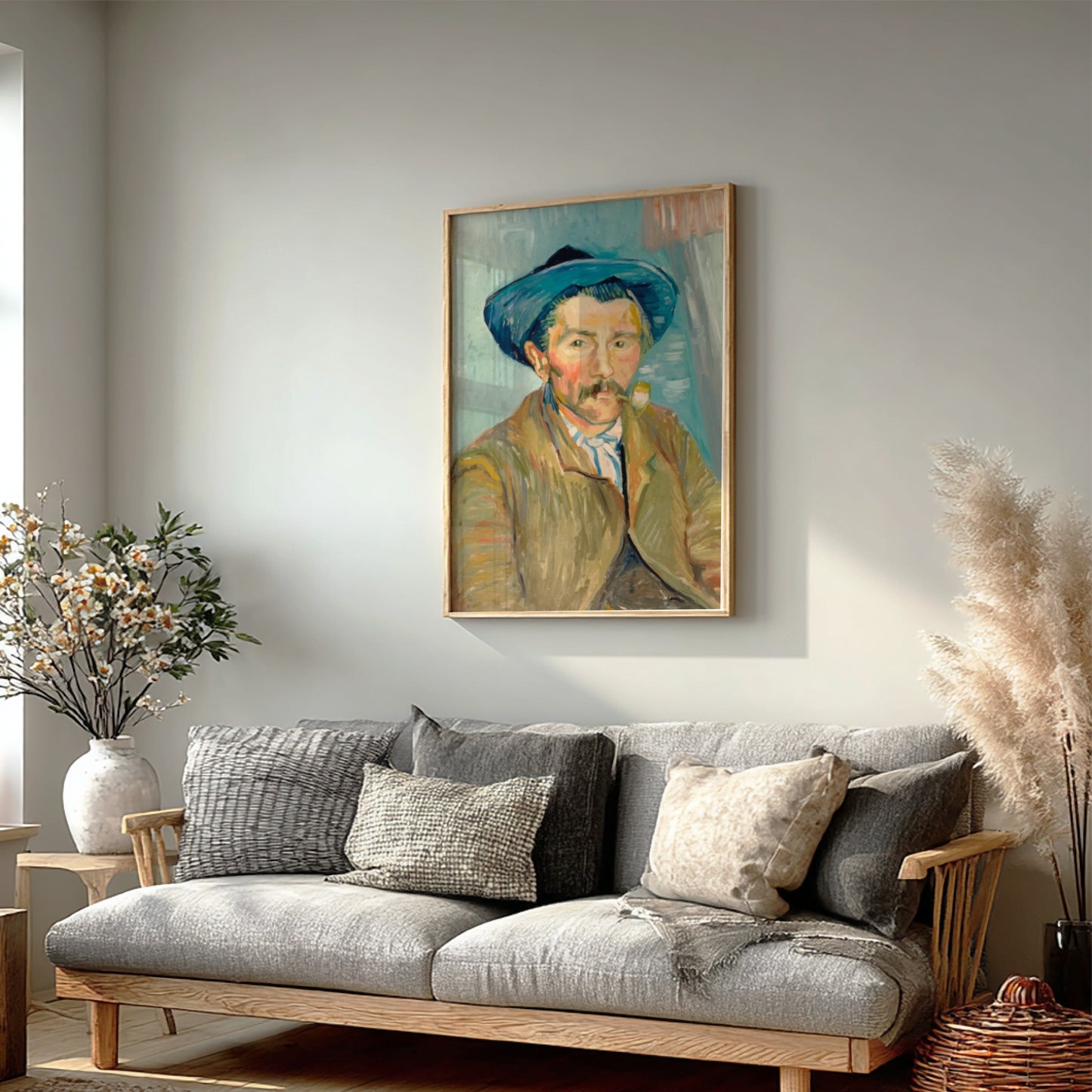 Vincent Van Gogh's "The Smoker" poster featuring a man in a blue hat smoking a pipe, rendered in