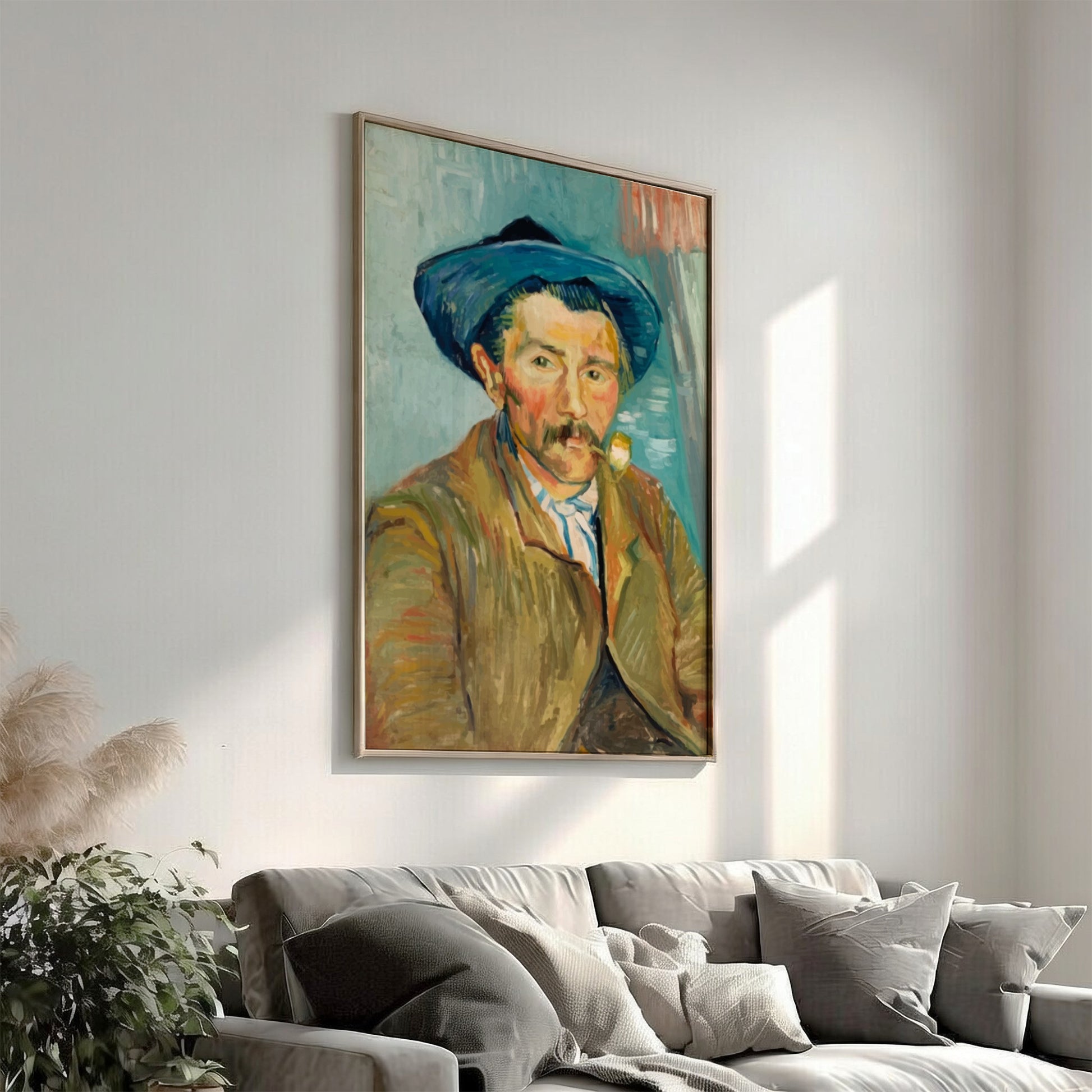 Vincent Van Gogh's "The Smoker" poster featuring a man in a blue hat smoking a pipe, rendered in