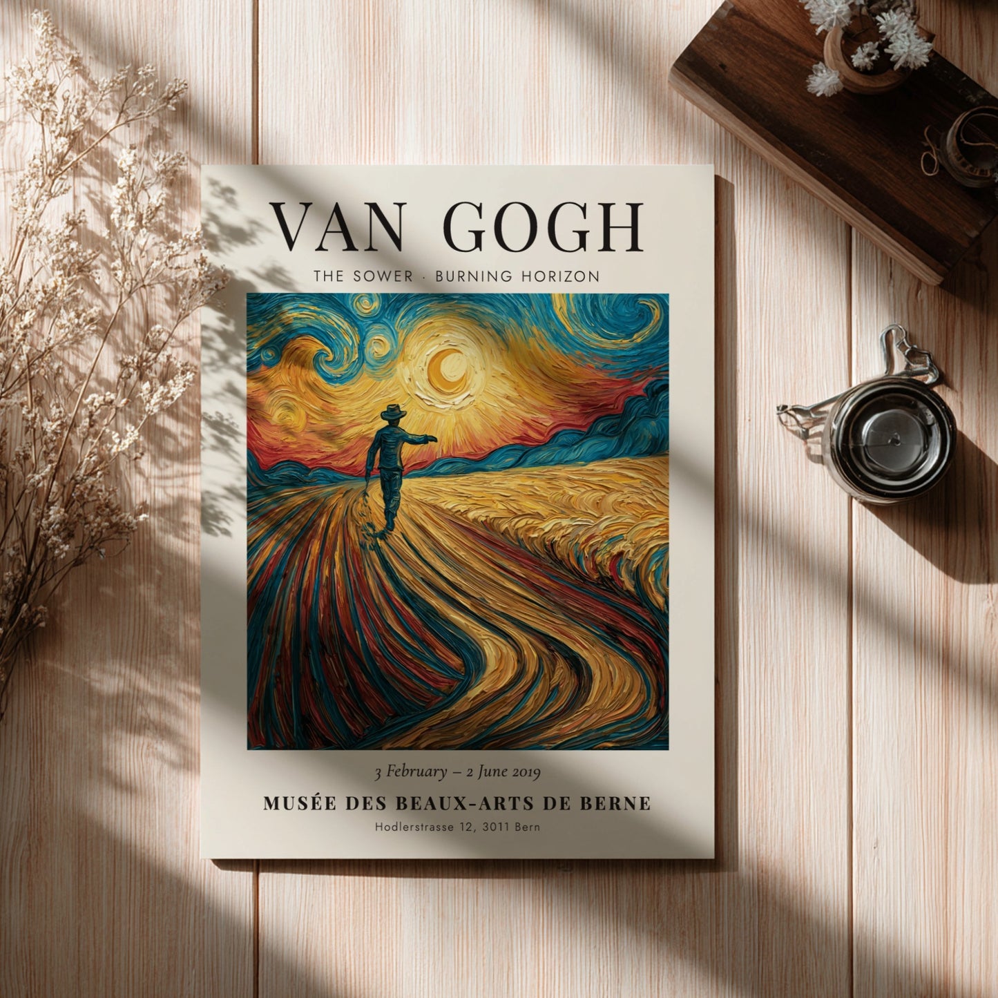 Poster featuring Van Gogh's The Sower with vibrant colors and dynamic brush strokes