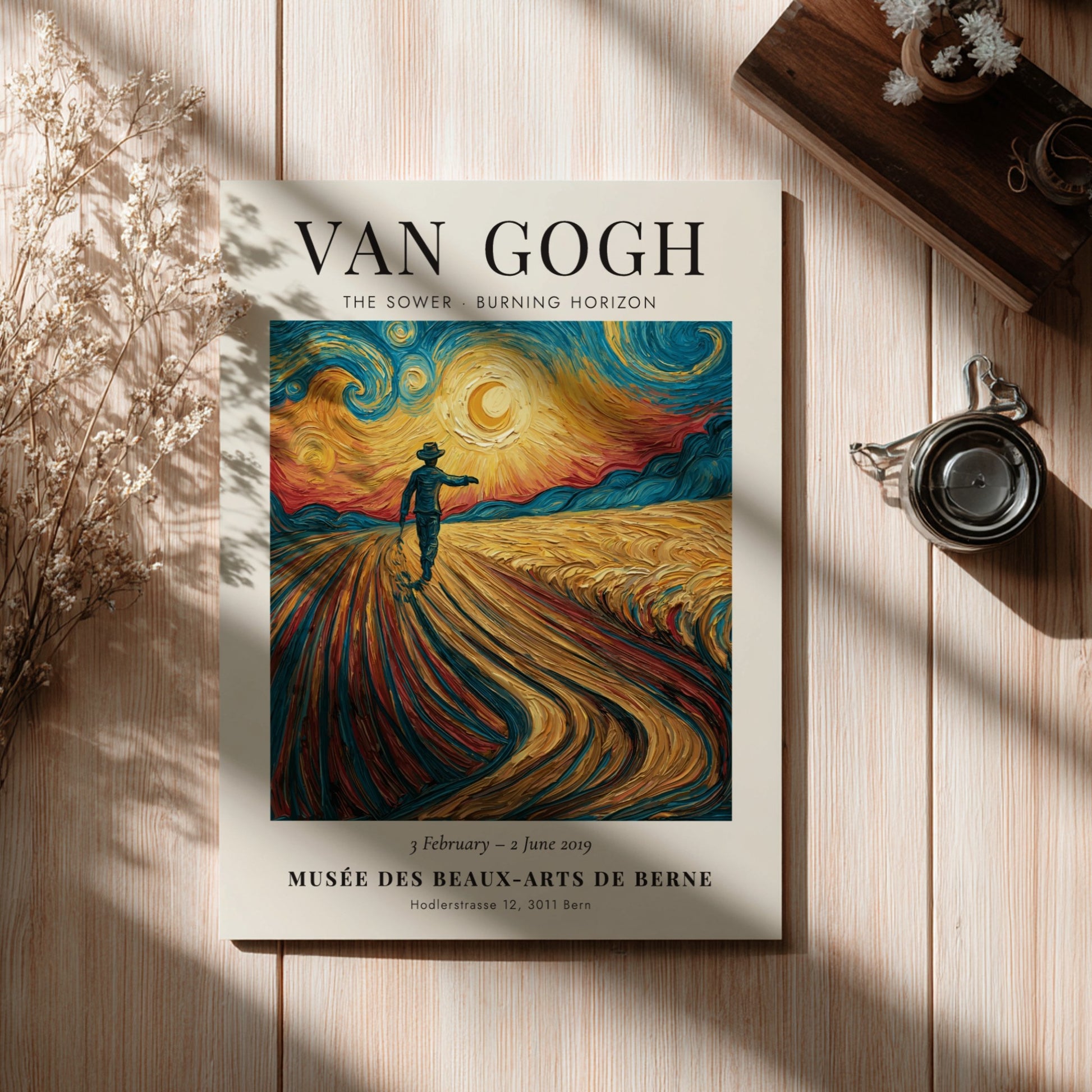 Poster featuring Van Gogh's The Sower with vibrant colors and dynamic brush strokes