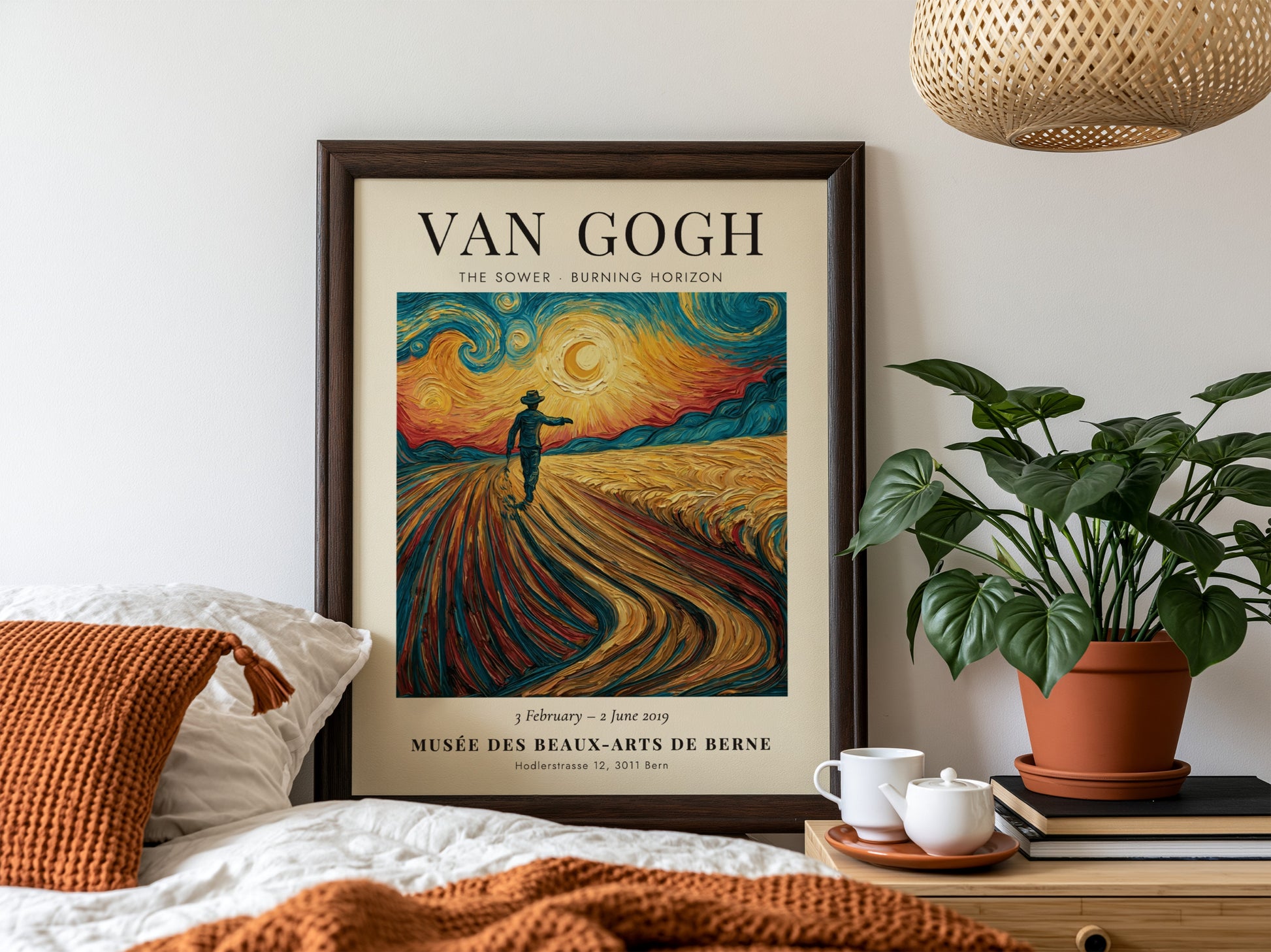 Poster featuring Van Gogh's The Sower with vibrant colors and dynamic brush strokes