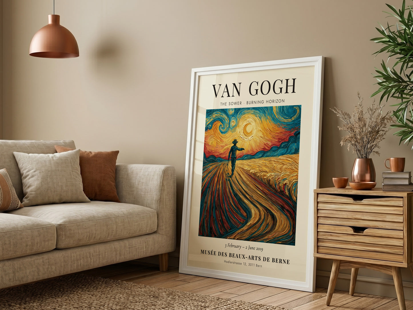 Poster featuring Van Gogh's The Sower with vibrant colors and dynamic brush strokes