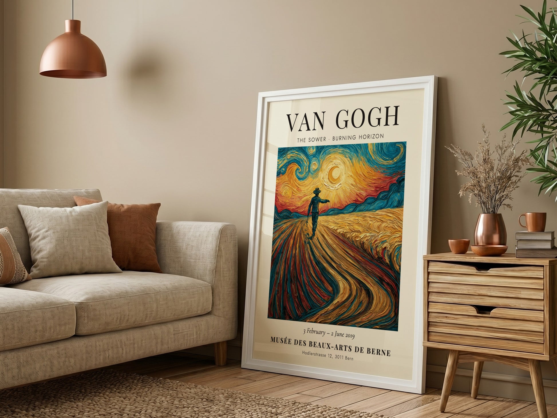 Poster featuring Van Gogh's The Sower with vibrant colors and dynamic brush strokes