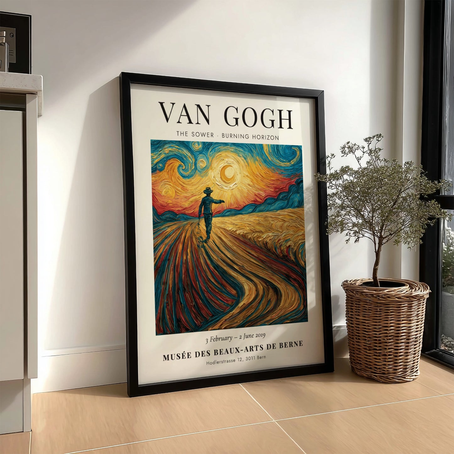 Poster featuring Van Gogh's The Sower with vibrant colors and dynamic brush strokes