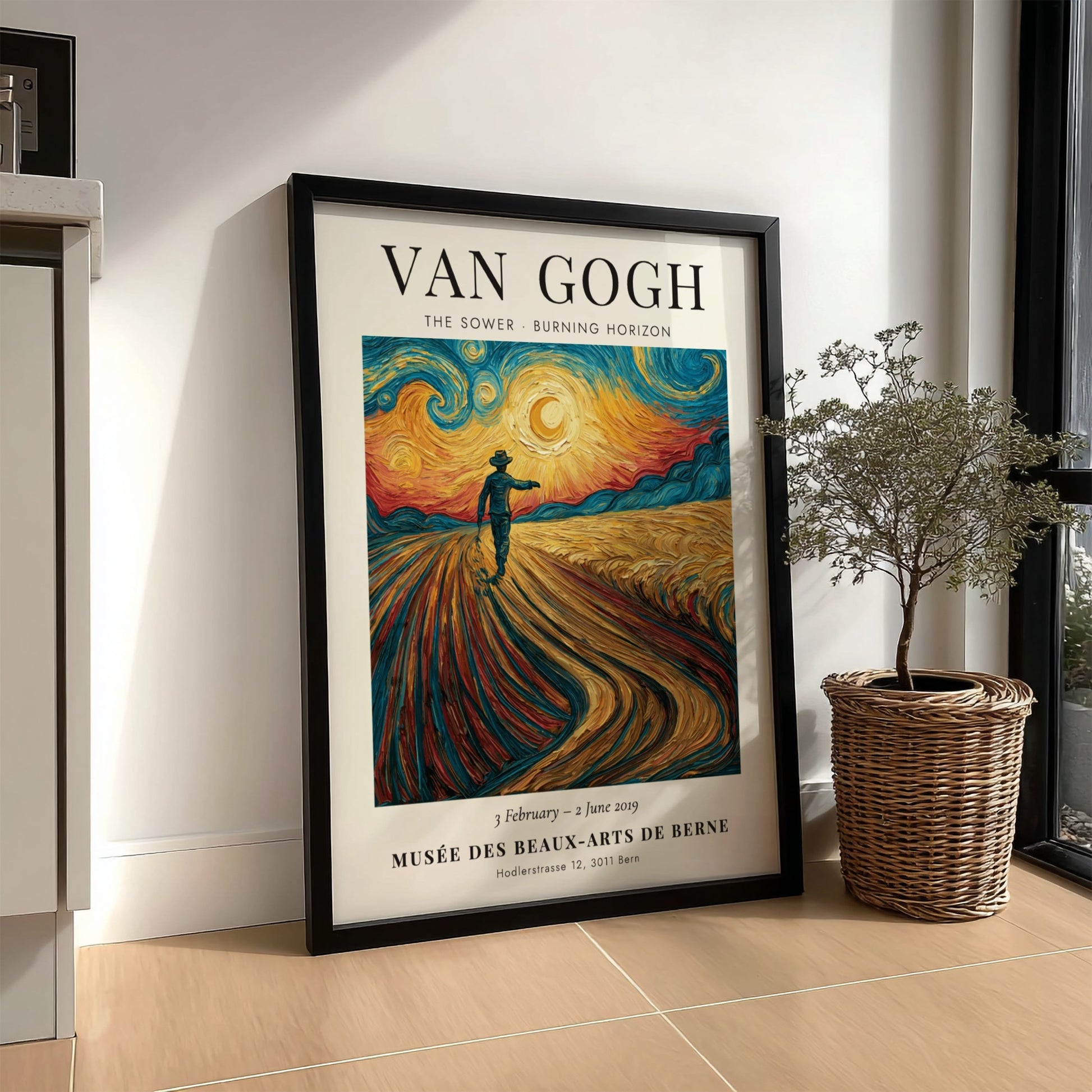 Poster featuring Van Gogh's The Sower with vibrant colors and dynamic brush strokes