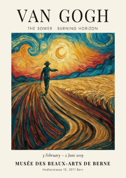 Poster featuring Van Gogh's The Sower with vibrant colors and dynamic brush strokes