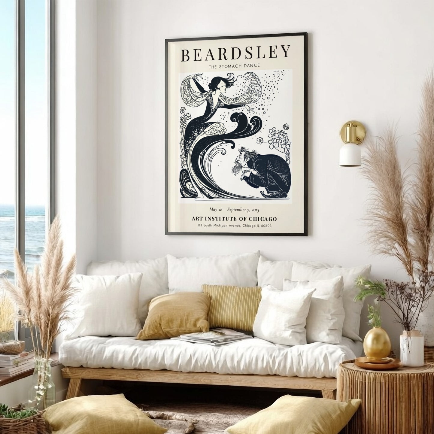 Aubrey Beardsley poster featuring The Stomach Dance with intricate black-and-white design and floral elements