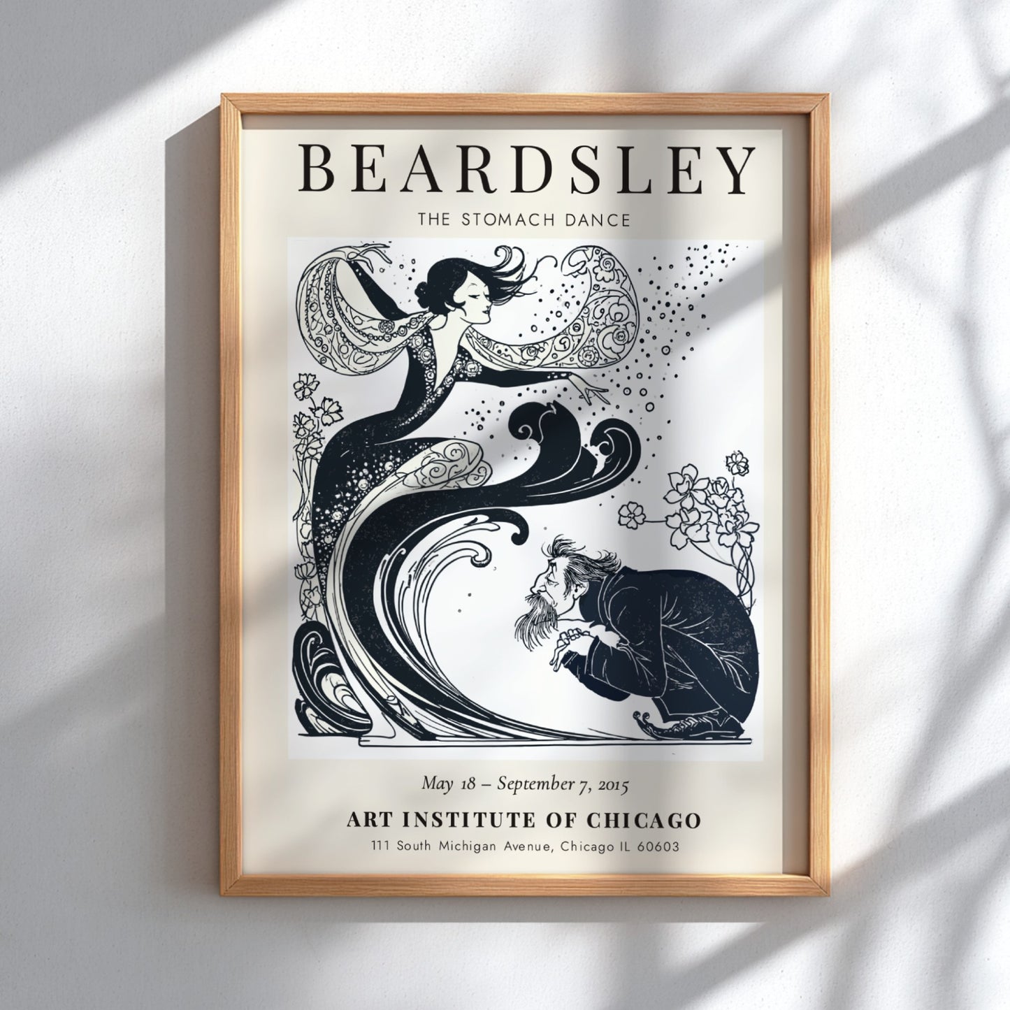 Aubrey Beardsley poster featuring The Stomach Dance with intricate black-and-white design and floral elements