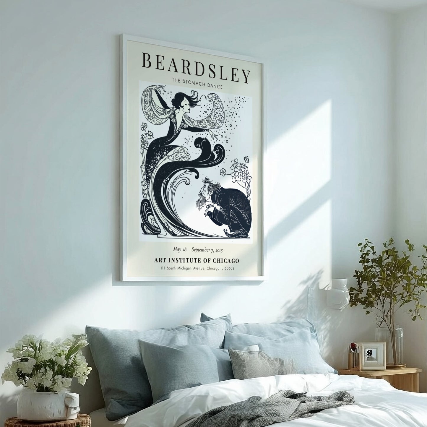 Aubrey Beardsley poster featuring The Stomach Dance with intricate black-and-white design and floral elements