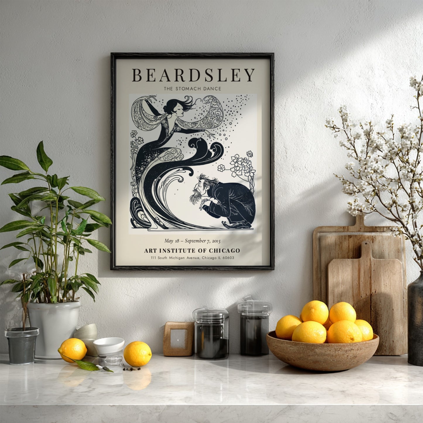 Aubrey Beardsley poster featuring The Stomach Dance with intricate black-and-white design and floral elements